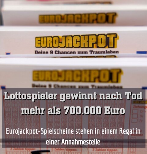 Eurojackpot-Spielscheine stehen in einem Regal in einer Annahmestelle