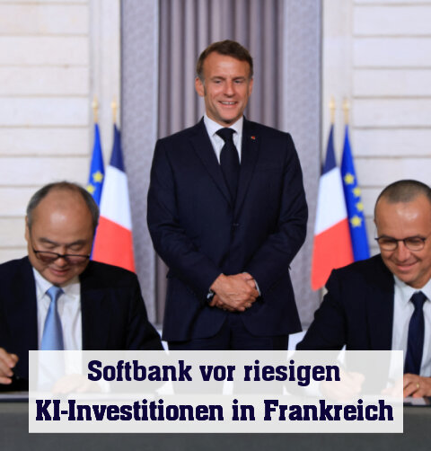 Macron mit Softbank-Chef (links) und Schneider-Electric-Chef (rechts)