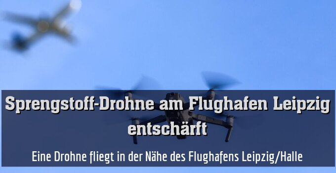 Eine Drohne fliegt in der Nähe des Flughafens Leipzig/Halle.