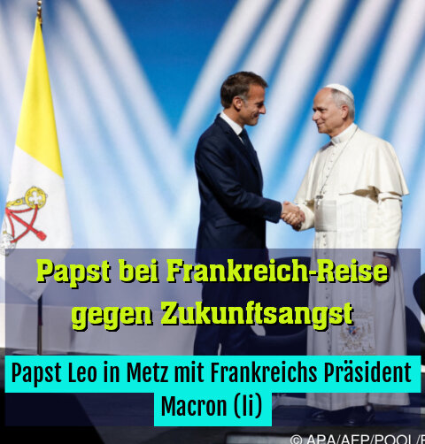 Papst Leo in Metz mit Frankreichs Präsident Macron (li)