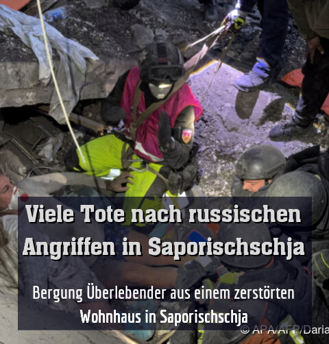 Bergung Überlebender aus einem zerstörten Wohnhaus in Saporischschja