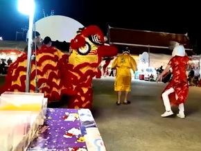 Polizisten im Löwenkostüm nehmen Einbrecher fest.