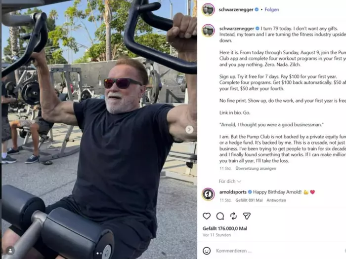 Arnold Schwarzenegger zeigt zum 79. Geburtstag seine Muskeln