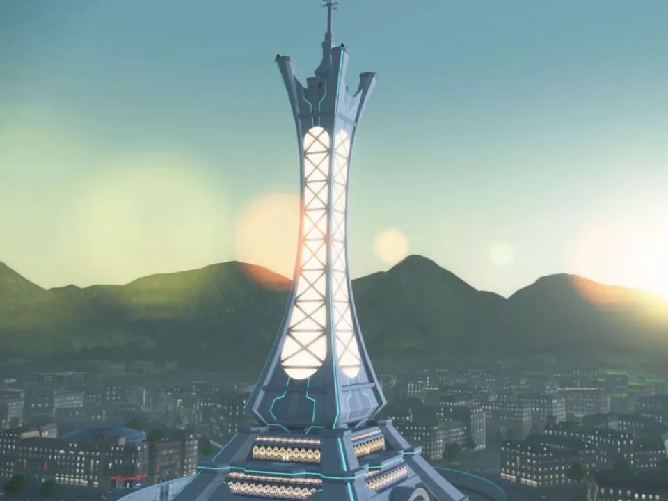 Im Zentrum von Illumina City steht ein gigantischer, leuchtender Turm