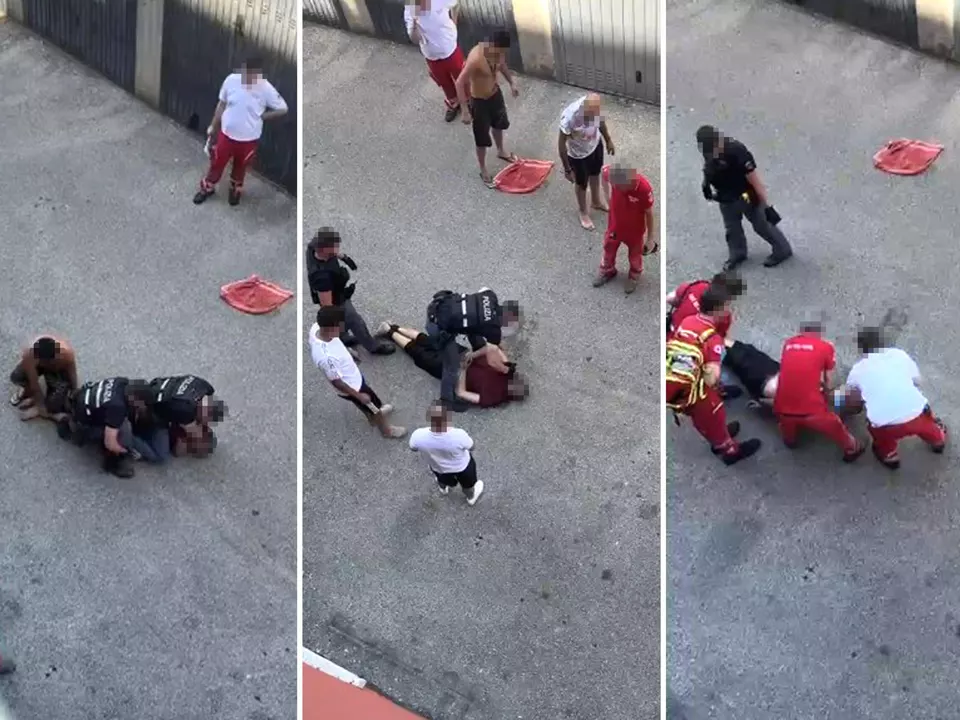 Combo di tre fermoimmagine dell\'intervento di poliziotti e sanitari su Abderrahim Fakir, immobilizzato dagli agenti a Bologna il 19 luglio 2026. Il 43enne di origine marocchina è morto durante l\'intervento della polizia.athesiadruck2_20260721194422359_2514bb72ea9e95e85527f2e819e01662